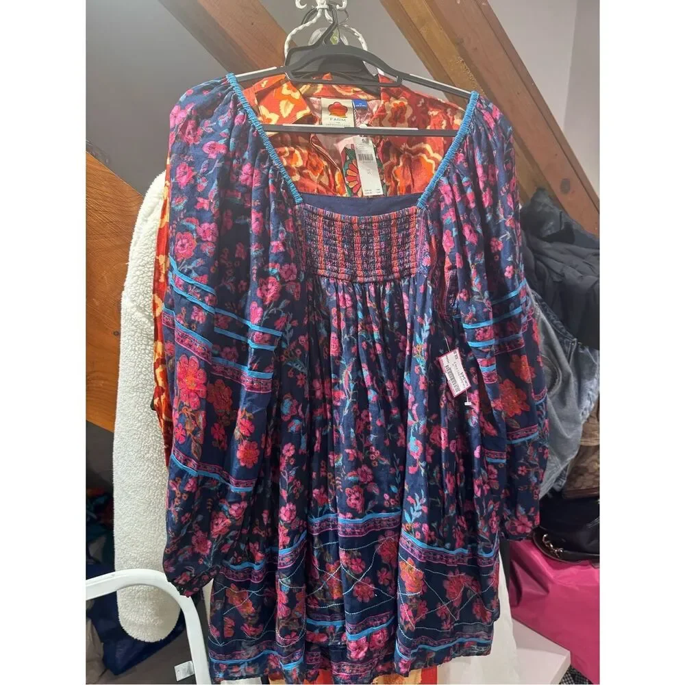 Free people endless afternoon Floral Square-Neck Mini Dress in Navy and Pink